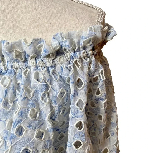 ML Monique Lhuillier Blue White Eyelet Off Shoulder Blouse Size Small - Picture 5 of 16